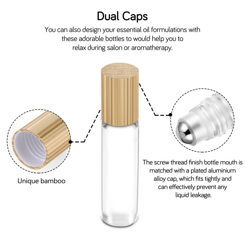 PrettyCare Essential Oil Roller Bottles 10ml ( Clear Glass Bottle with Bamboo Lid, 12 Pack, 2 Extra Stainless Steel Balls, 24 Labels, 1 Opener, 1 Funnel, 2 Droppers ) Roller Balls for Oils, Roller on Bottles - Image 2